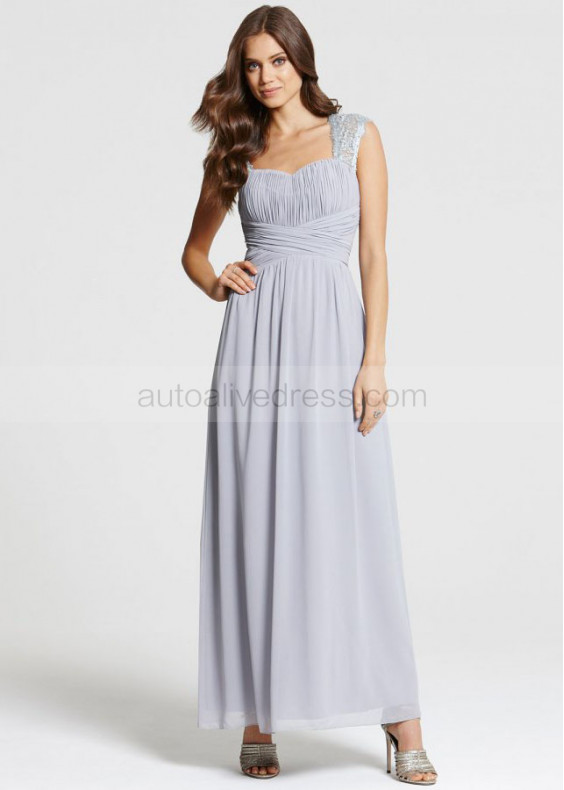 Gray Chiffon Lace Keyhole Back Long Prom Dress  